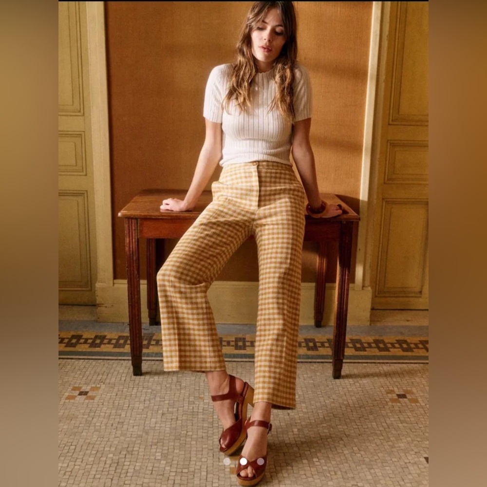 Sézane Martin Crop Trousers in Ecru Khaki Gingham Checks